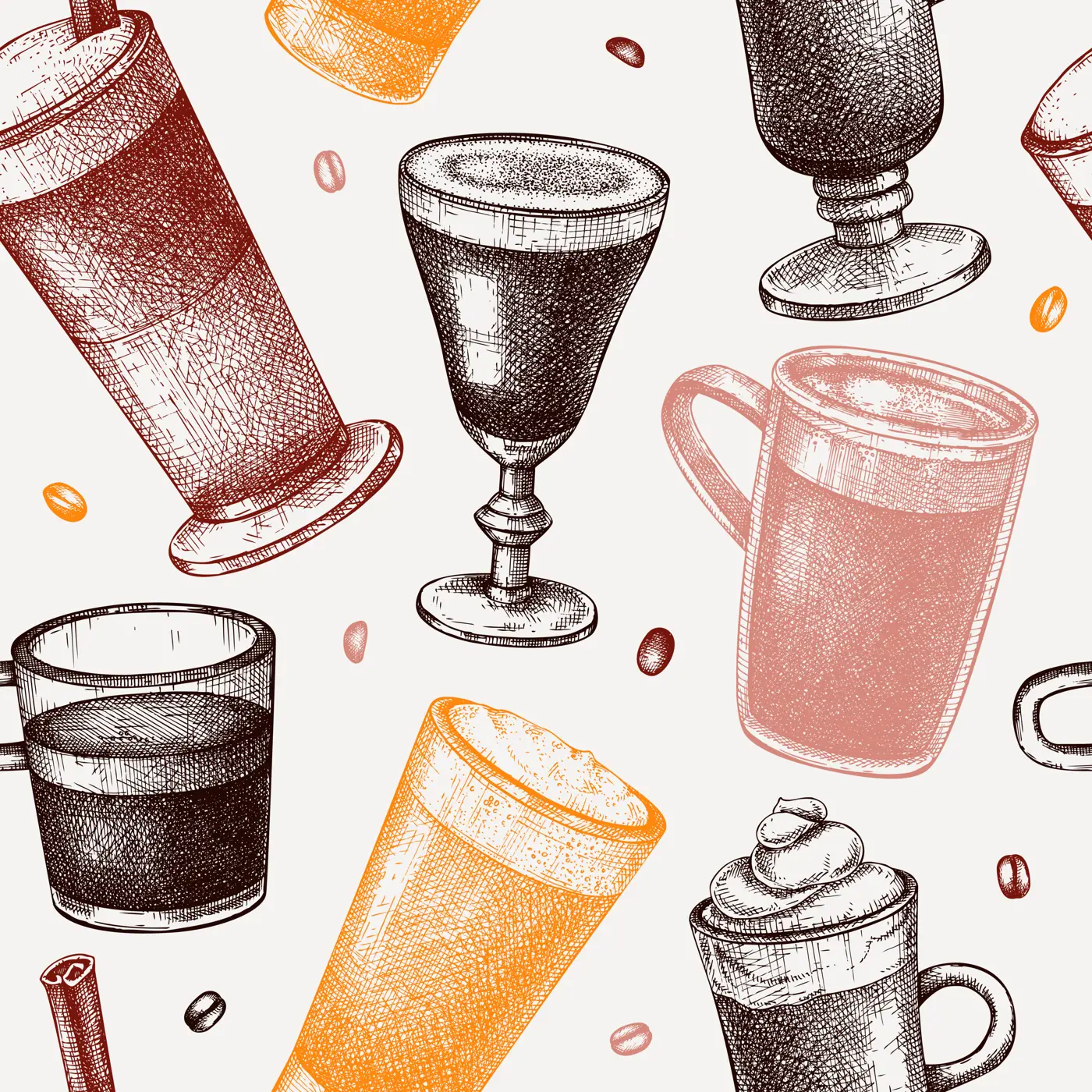 Hand-sketched coffee seamless pattern. Vector sketches of mugs with aromatic caffeine drinks background. Cappuccino, latte, americano, espresso in vintage style. Vector beverages backdrop Illustration